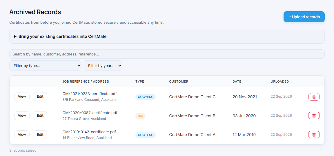 Archived record storage and search in CertMate