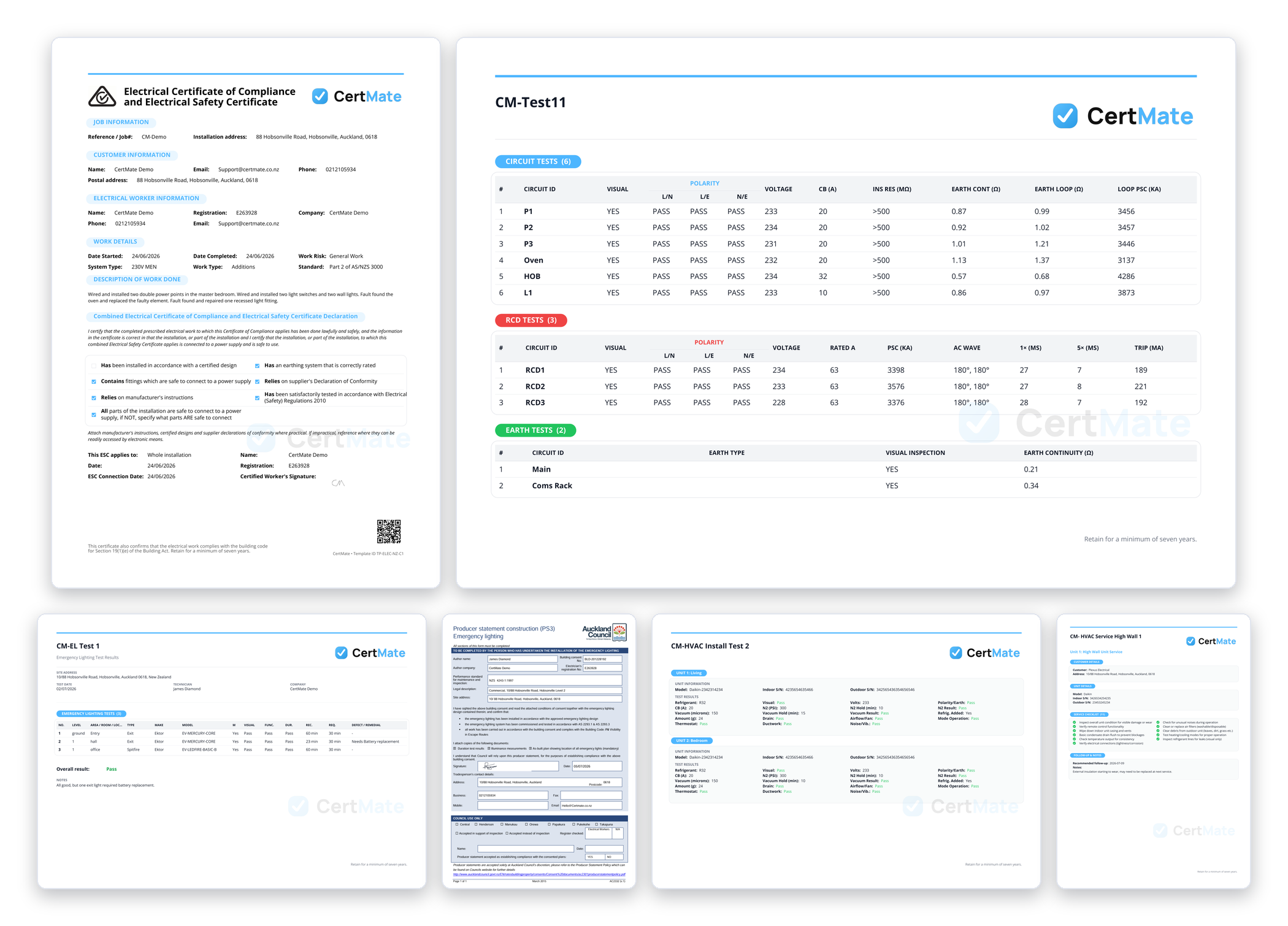 A collage of CertMate certificates and test sheets: Certificate of Compliance, electrical test sheet, Emergency Lighting records and HVAC test sheets