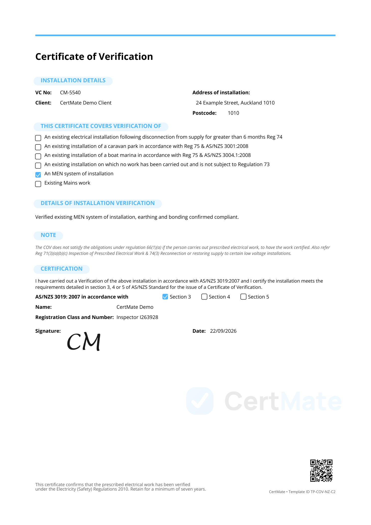 Certificate of Verification generated by CertMate