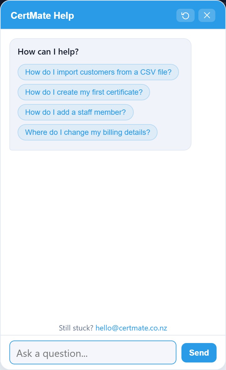 CertMate in-app help chat widget