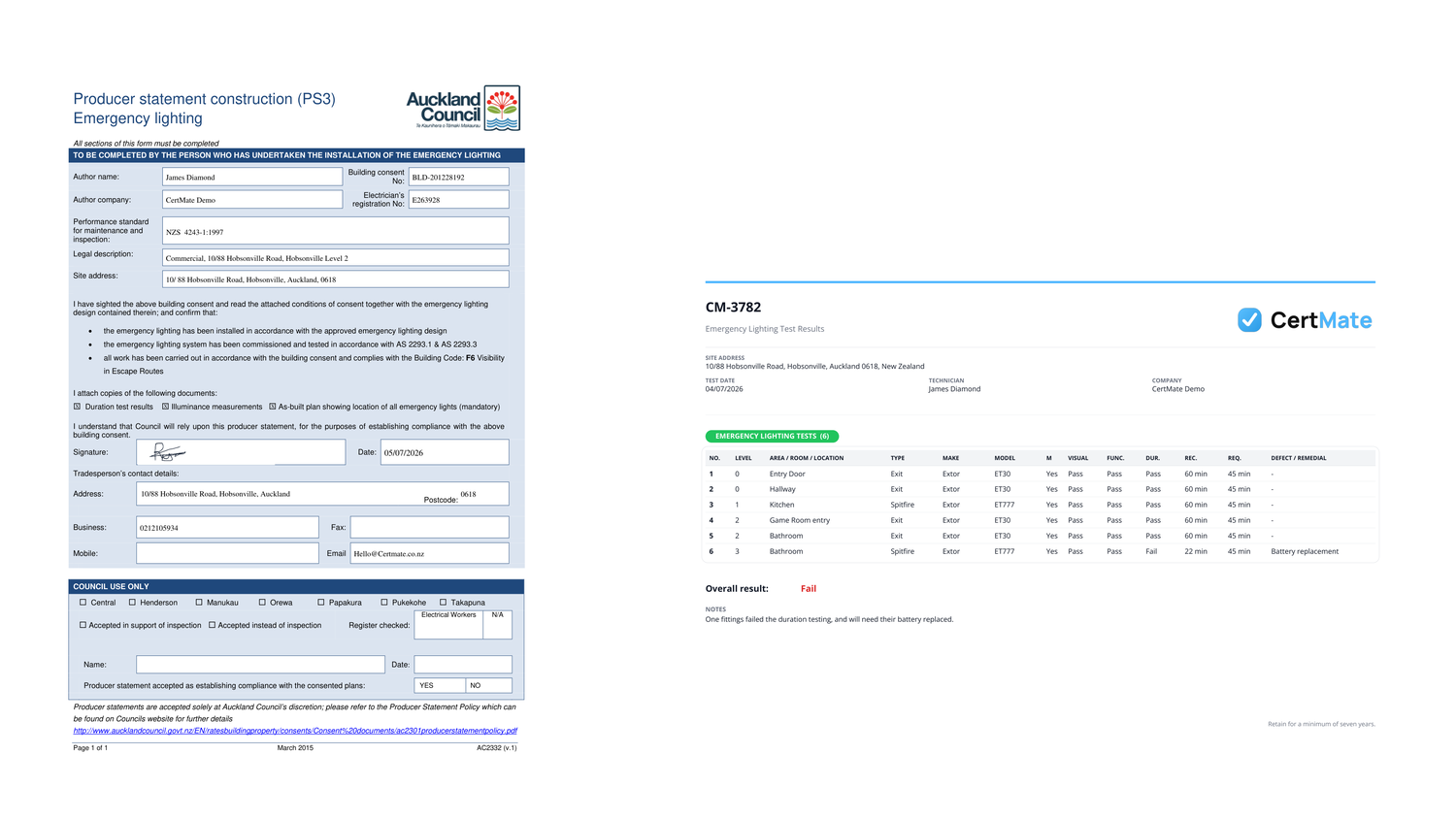 Emergency Lighting PS3 certificate and test results from CertMate