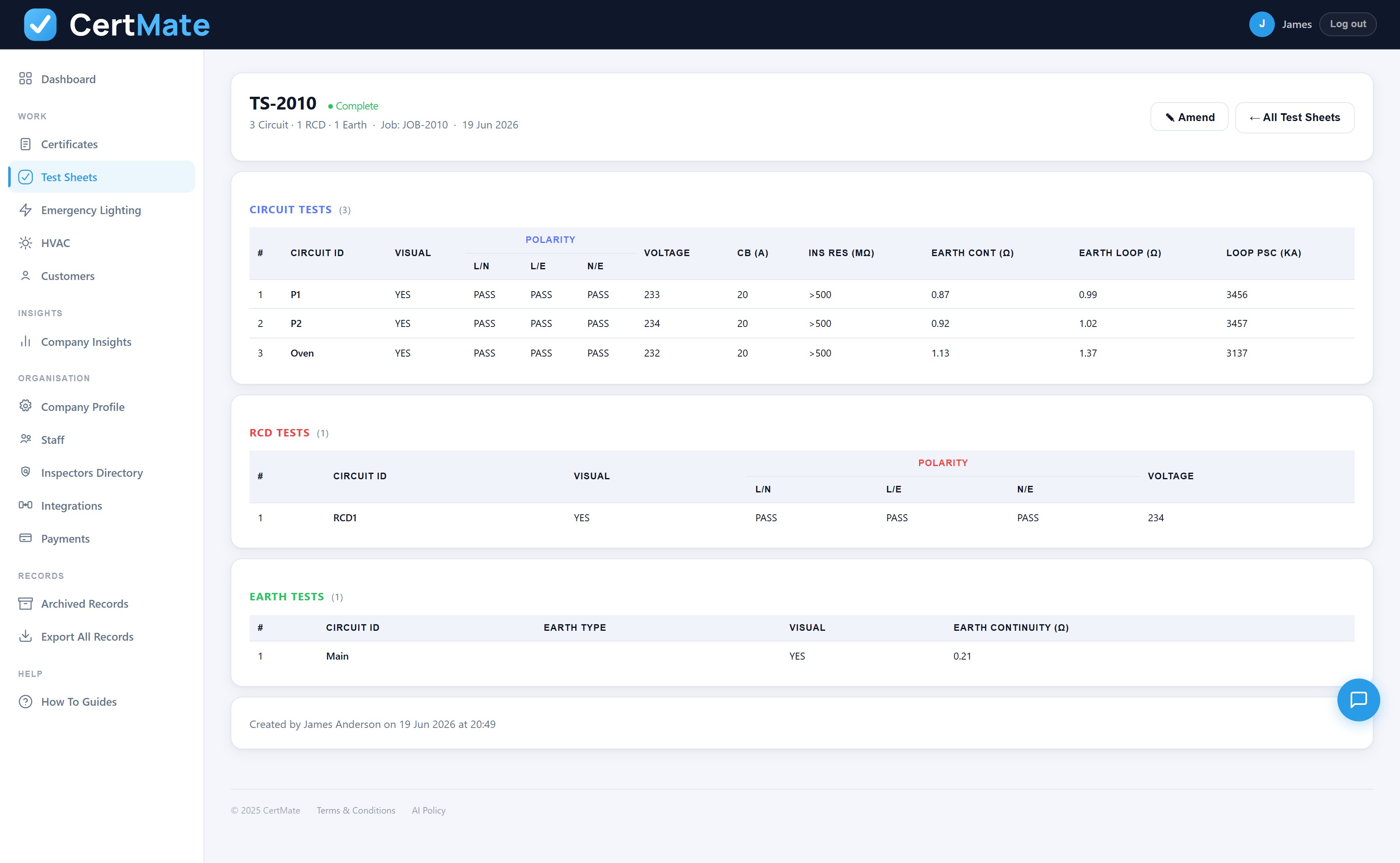 Test sheet results in CertMate