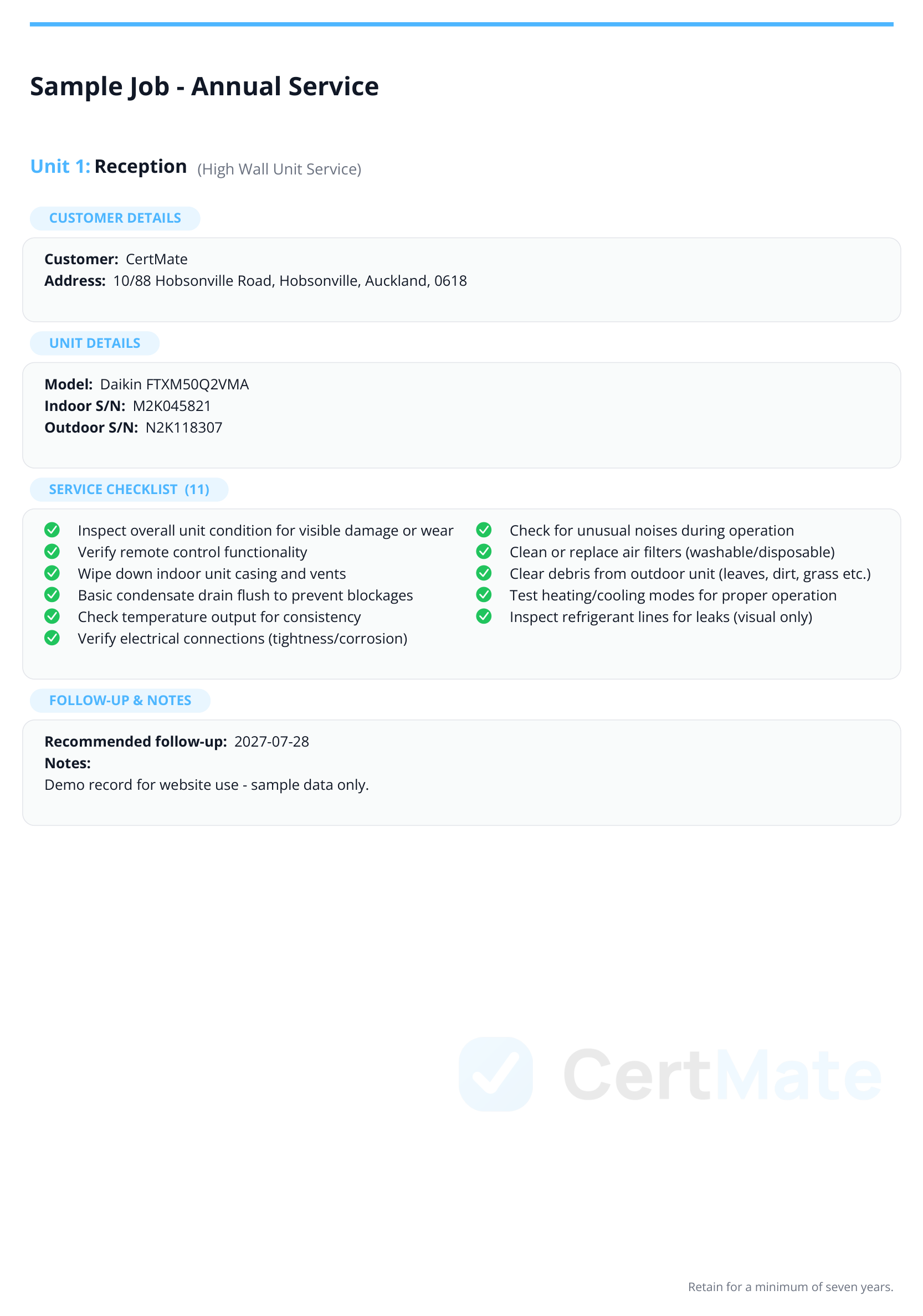 CertMate Service Checklist for a high wall unit service visit