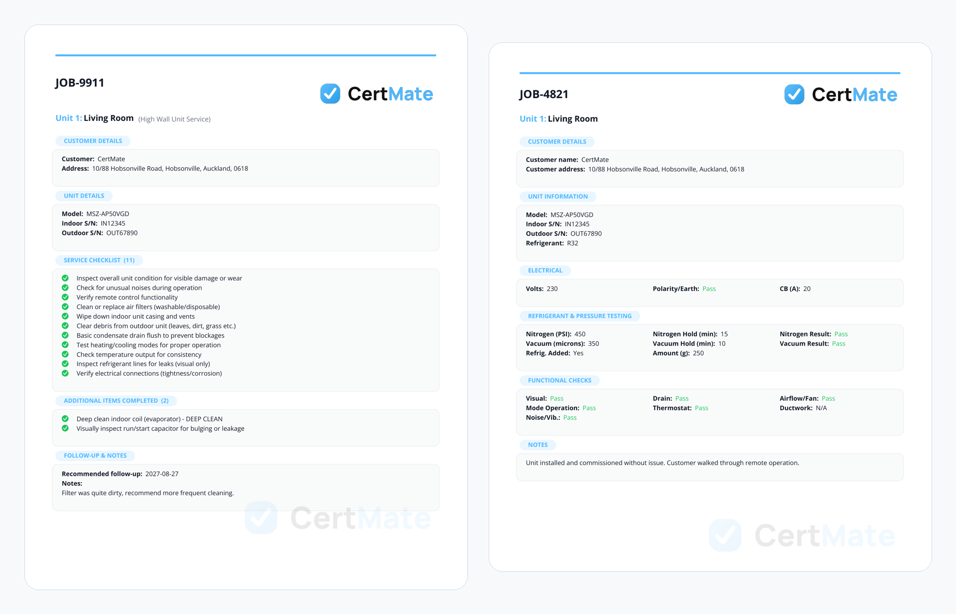 HVAC Service Checklist and Installation Test Sheet in CertMate