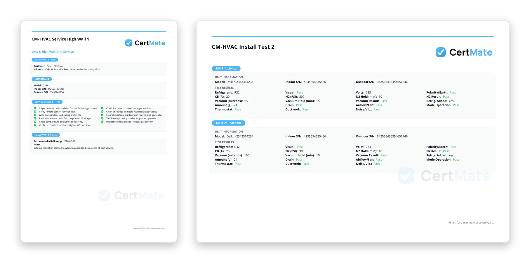 HVAC Service Checklist and Installation Test Sheet in CertMate
