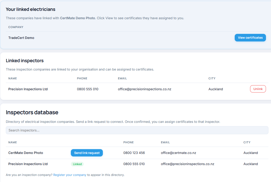 Inspector directory and linked electricians in CertMate