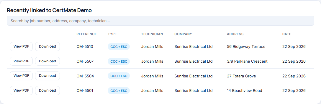 CertMate inspector dashboard showing linked certificates awaiting inspection