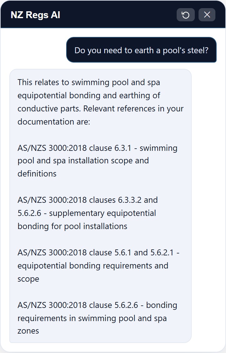 NZ Regs Helper AI chat widget answering a swimming pool earthing question