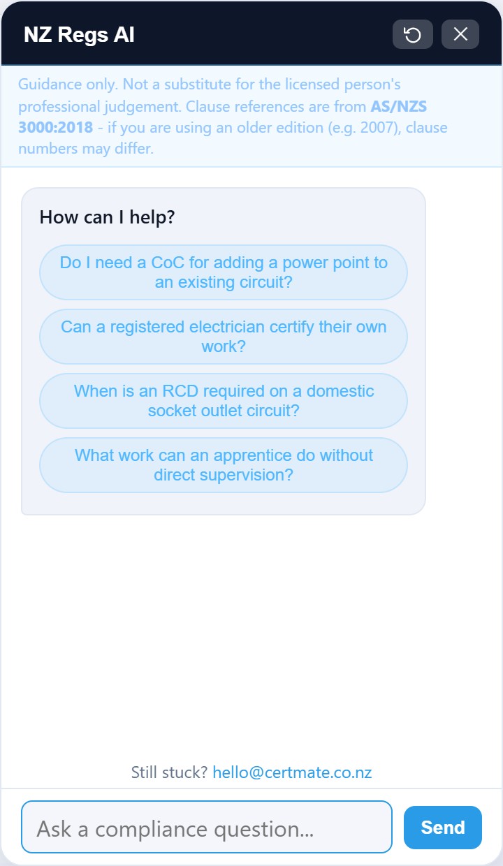 NZ Regs Helper AI chat widget in CertMate