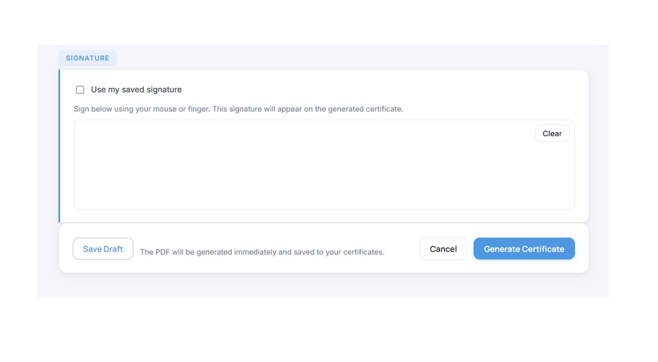 Signature capture and PDF generation in CertMate