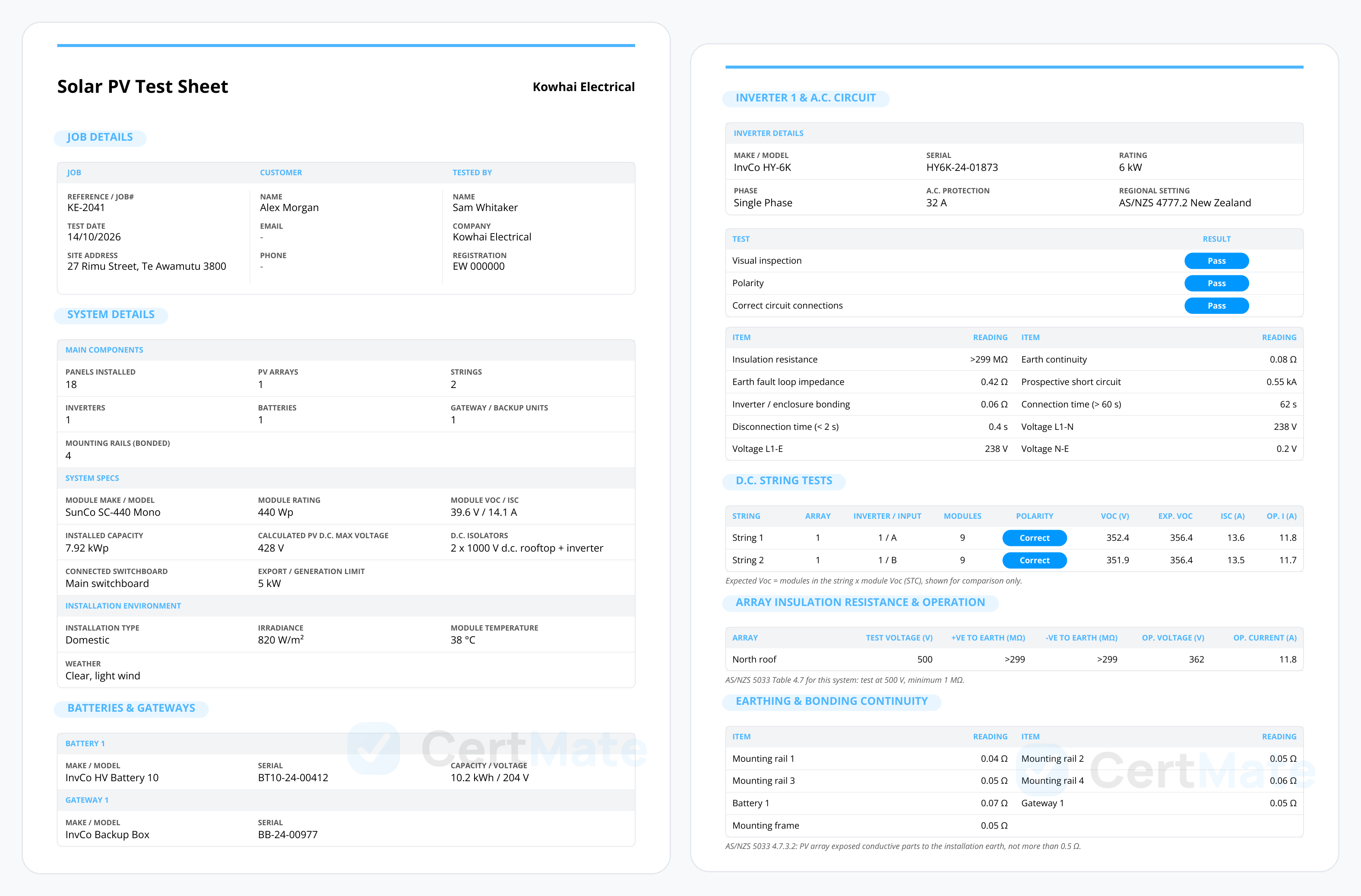 CertMate Solar PV Test Sheet: system details, inverter a.c. circuit readings, d.c. string tests, array insulation resistance and earth continuity