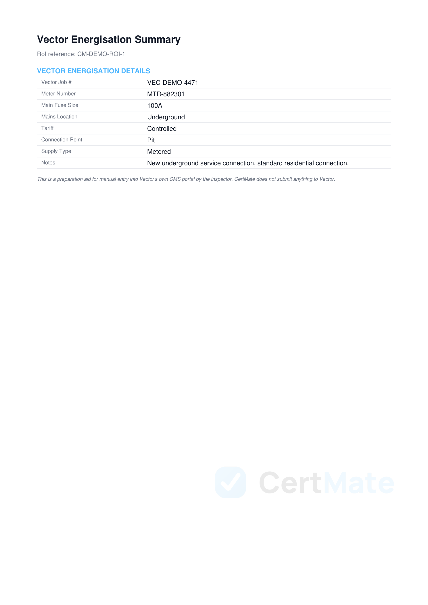 Vector Energisation summary generated from a CertMate ROI