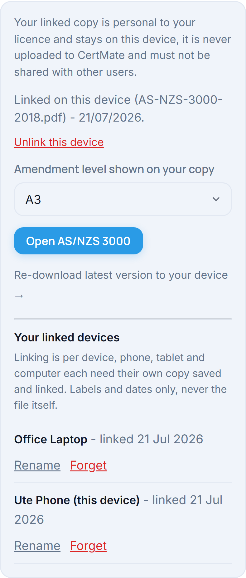 CertMate Wiring Rules profile card showing a linked device and amendment level